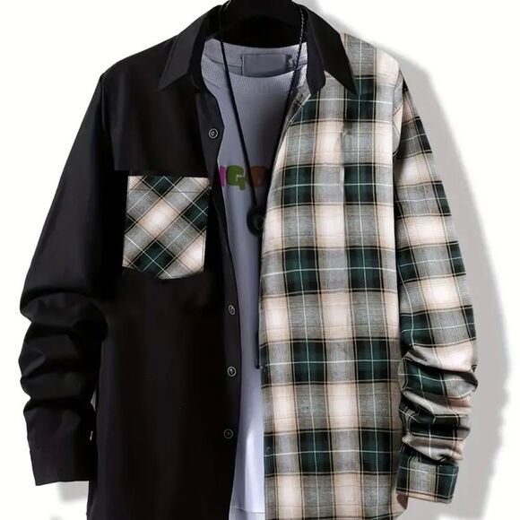 Men’s NEW Long Sleeve Shirt Plaid style on half - Picture 1 of 3